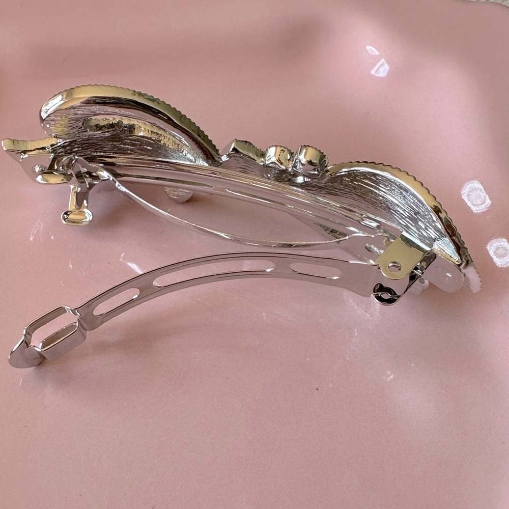 Purple Enamel and Crystal Bow & Heart Hair Barrette - Picture 4 of 7
